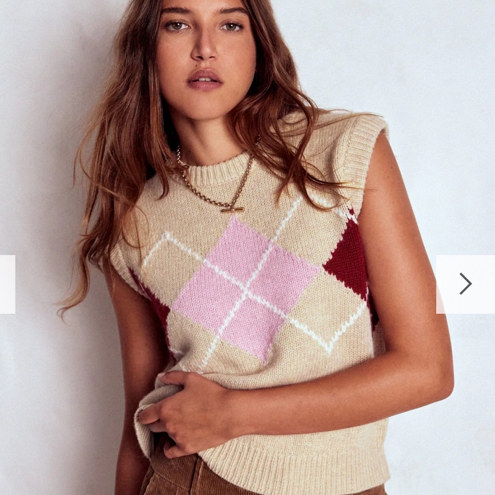 Boden Beige and Pink Argyle Sweater Vest